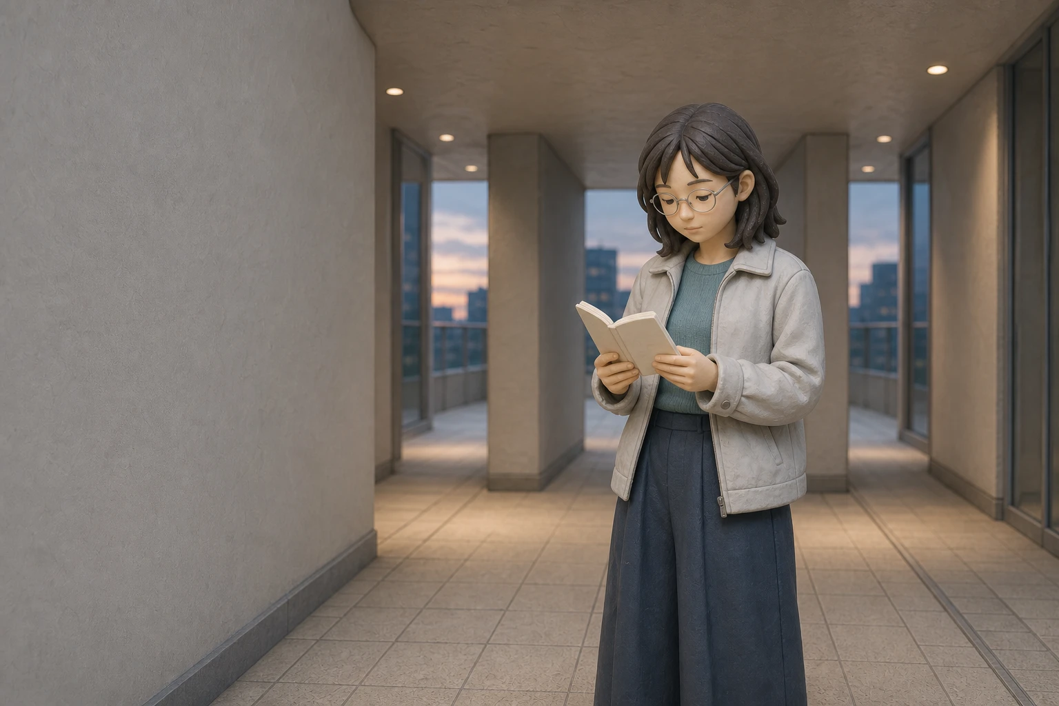 夕方の通路で手帳を開き、これからの期間を考える若い会社員のイメージ