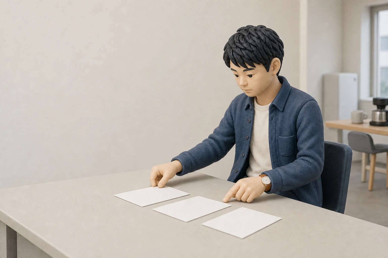 共有テーブルで三枚の紙を並べ替え、仕事の条件を整理する若い会社員のイメージ