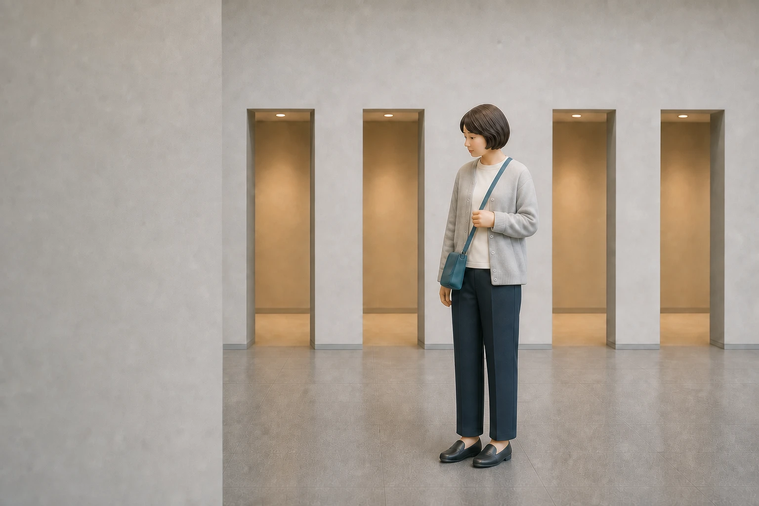 四つの選択肢がある空間の手前で立ち止まる若い会社員のイメージ